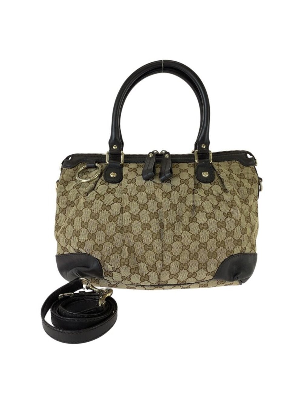 Gucci Sukey 2-Way Beige Brown Gold GG Canvas Leather Tote Shoulder Bag